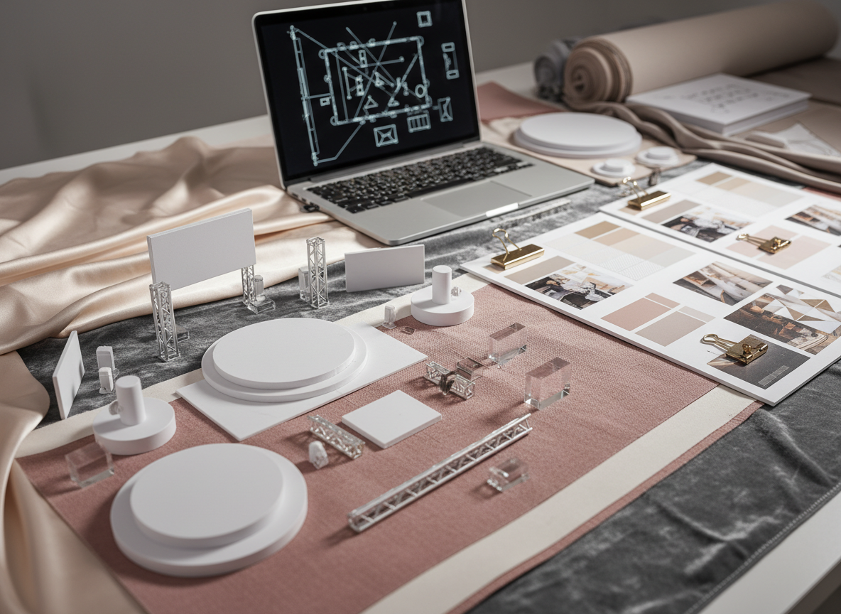A close-up, photographic view of an event designer’s planning table, covered with layered material samples in satin, velvet, and textured paper in a palette of champagne, charcoal, and dusty rose. There are scale stage models in matte white, miniature light fixtures, and tiny acrylic blocks representing screens and trusses. An open laptop displays a wireframe floor plan without legible text, while neatly arranged mood boards show abstract color swatches and pattern references. Soft studio lighting from the side creates gentle highlights on metallic clips and the glossy edges of acrylic samples, casting delicate shadows that emphasize texture. Shot from a slightly elevated angle with shallow depth of field, the composition focuses on the refined, creative process of event consulting, conveying meticulous planning, elegance, and modern professionalism.