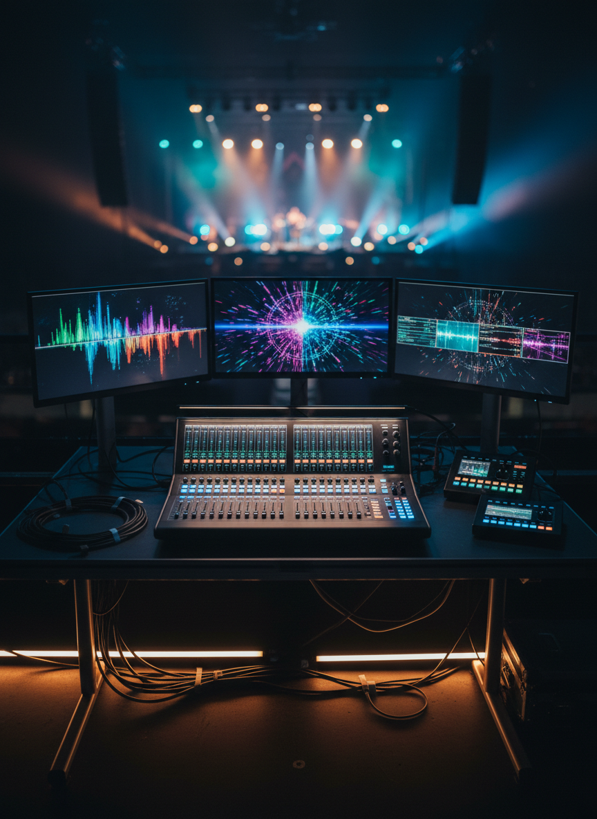 A cinematic, photographic scene of a fully equipped event control area at the back of a darkened venue, with multiple sleek monitors displaying colorful, abstract live feeds and lighting cues, all without readable text. A large digital audio console with glowing faders, illuminated buttons, and neatly coiled cables sits on a matte black table surface, alongside compact lighting and video control panels. The surrounding space is dim, with the primary illumination coming from the cool, bluish glow of the screens and subtle amber accent lights along the floor. Shot from an over-the-shoulder style angle focusing on the equipment, the background reveals a softly blurred view of the beautifully lit stage. The mood is focused, high-tech, and professional, highlighting the behind-the-scenes expertise of event production.