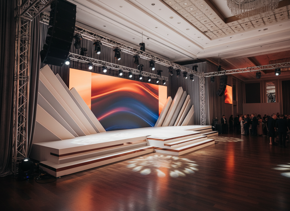 A meticulously arranged luxury event stage in a grand indoor venue, featuring a sleek white main stage with layered geometric backdrops in soft champagne and dove gray, subtly accented by metallic rose-gold lines. Elegant LED panels display abstract, text-free gradients that shift from warm amber to cool midnight blue. Surrounding the stage, carefully positioned spotlights and wash lights create a refined interplay of light and shadow across velvet drapery and polished flooring. Photographic realism, shot at eye level with a wide-angle lens, showing crisp detail in the stage equipment, truss structures, and discreet speakers. The atmosphere is sophisticated and high-end, with balanced, warm professional lighting and a shallow depth of field gently softening the distant audience area into a tasteful bokeh.