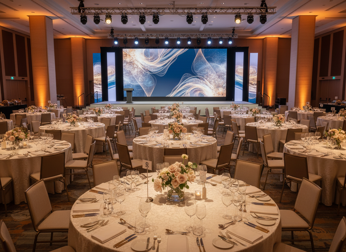 An exquisitely decorated corporate gala venue viewed from a slightly elevated angle, showcasing round banquet tables draped in textured ivory linens with subtle sheen, each topped with minimalist floral centerpieces in muted blush and cream tones, surrounded by crystal-clear glassware and brushed gold cutlery. A long, contemporary stage spans the far wall, framed by clean vertical light panels and a seamless projection screen showing abstract, brand-neutral visuals. Soft, warm overhead lighting mixes with carefully placed pin spots that highlight key decor elements, creating a refined glow. The photographic scene feels calm yet celebratory, with a modern, luxurious atmosphere. Background details include a professional lighting rig, ambient uplighting along architectural columns, and a distant buffet station with artfully arranged, text-free signage, all rendered in crisp, realistic detail.