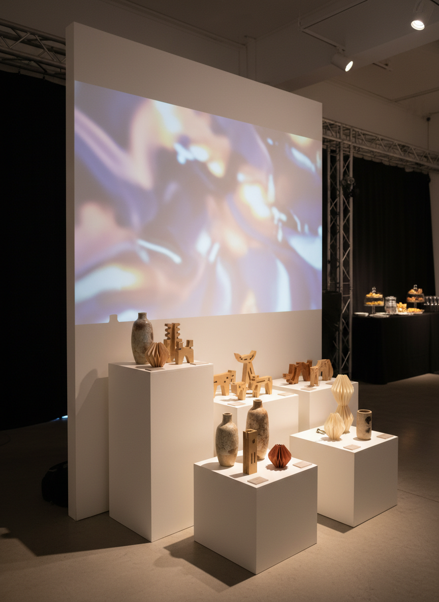 An elegantly styled cultural-creative event corner within a modern venue, featuring a minimalist display of handcrafted objects on clean white pedestals: ceramic vases with subtle glazing, laser-cut wooden decor pieces, and artfully folded paper installations in muted earth tones. Behind them, a tall, seamless wall serves as a projection surface for slowly moving, abstract patterns of light in soft pastels, giving a refined, artistic feel. Warm, diffused gallery-style spotlights from the ceiling create crisp yet gentle highlights and defined shadows, emphasizing form and texture. Photographic realism with an eye-level composition and generous negative space, conveying calm sophistication. In the softly blurred background, hints of staging equipment, draped fabric, and a small, tastefully arranged refreshment station suggest integration within a larger curated event.