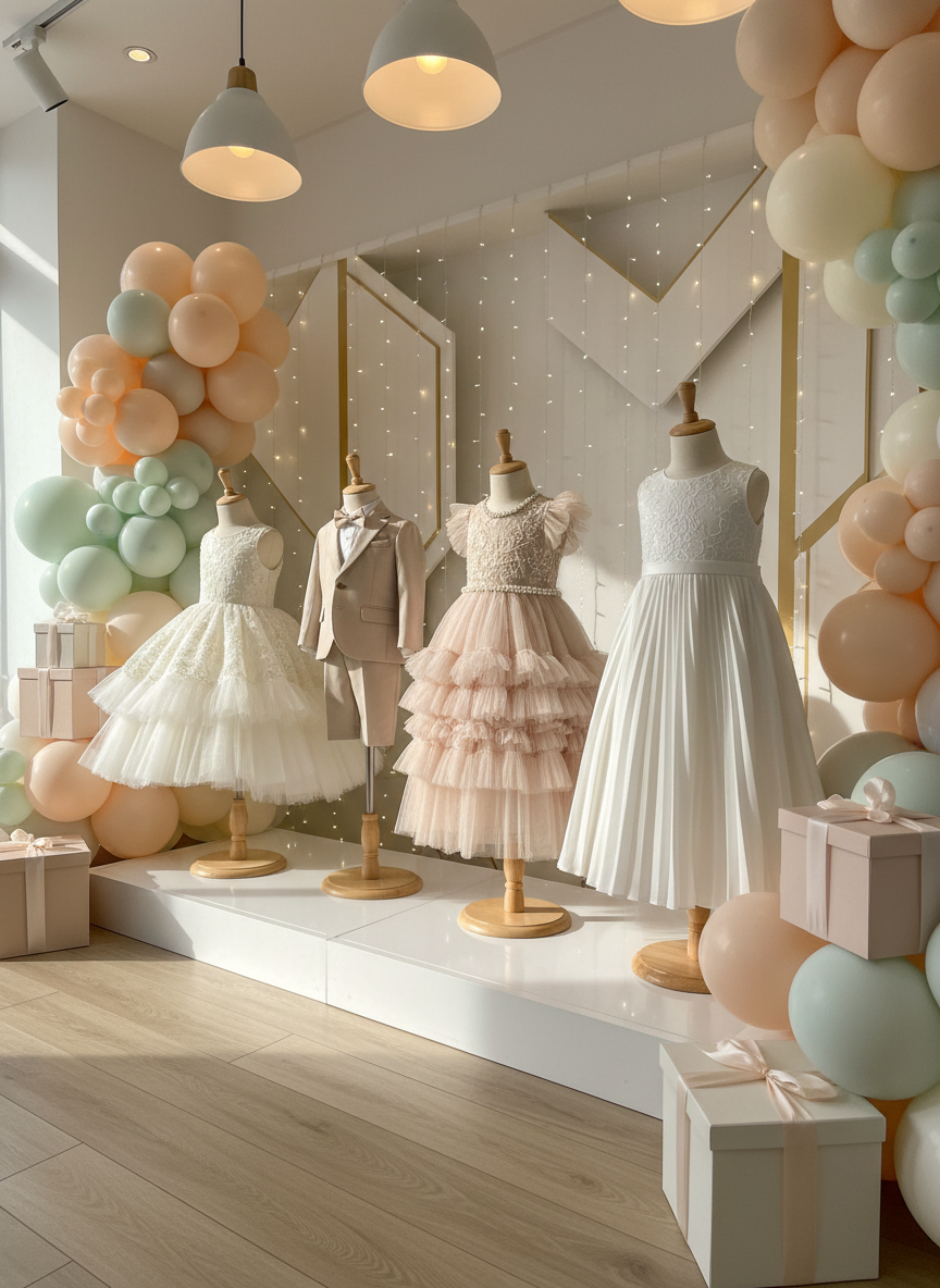 A luxurious children’s celebration setup in a boutique event space, centered on a row of miniature mannequins dressed in elegant, neutral-toned formal children’s attire made of satin, tulle, and fine lace, displayed on a low, glossy white platform. Around them, carefully coordinated decor includes pastel balloon clusters, delicate fairy lights, and minimalistic geometric gift boxes in soft beige and blush. The scene is lit with warm, diffused overhead lighting and subtle side spotlights that bring out the textures of the fabrics and the gentle shimmer of embellishments. Photographic realism, captured from a low, slightly angled perspective to emphasize the mannequins and create a sense of intimacy. The mood is refined, whimsical, and tasteful, suggesting premium children’s attire rental as part of a complete, aesthetic event experience.