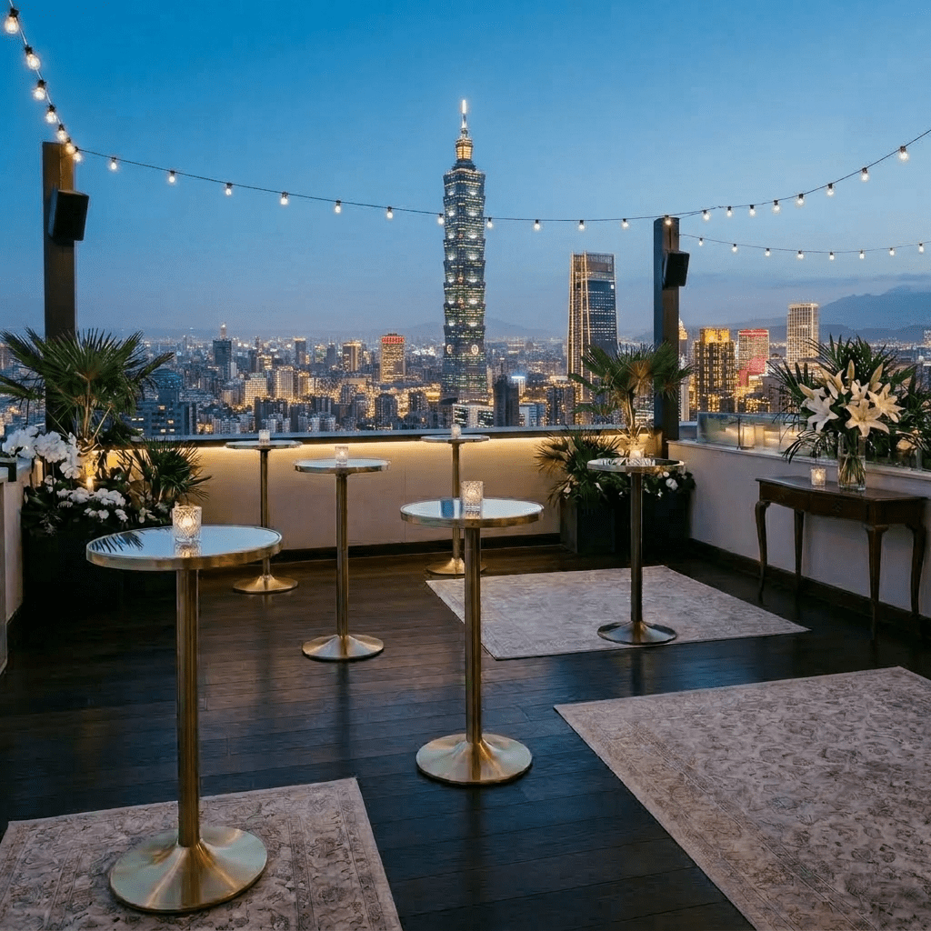 Rooftop bar with cocktails, seating, plants, and city skyline at dusk