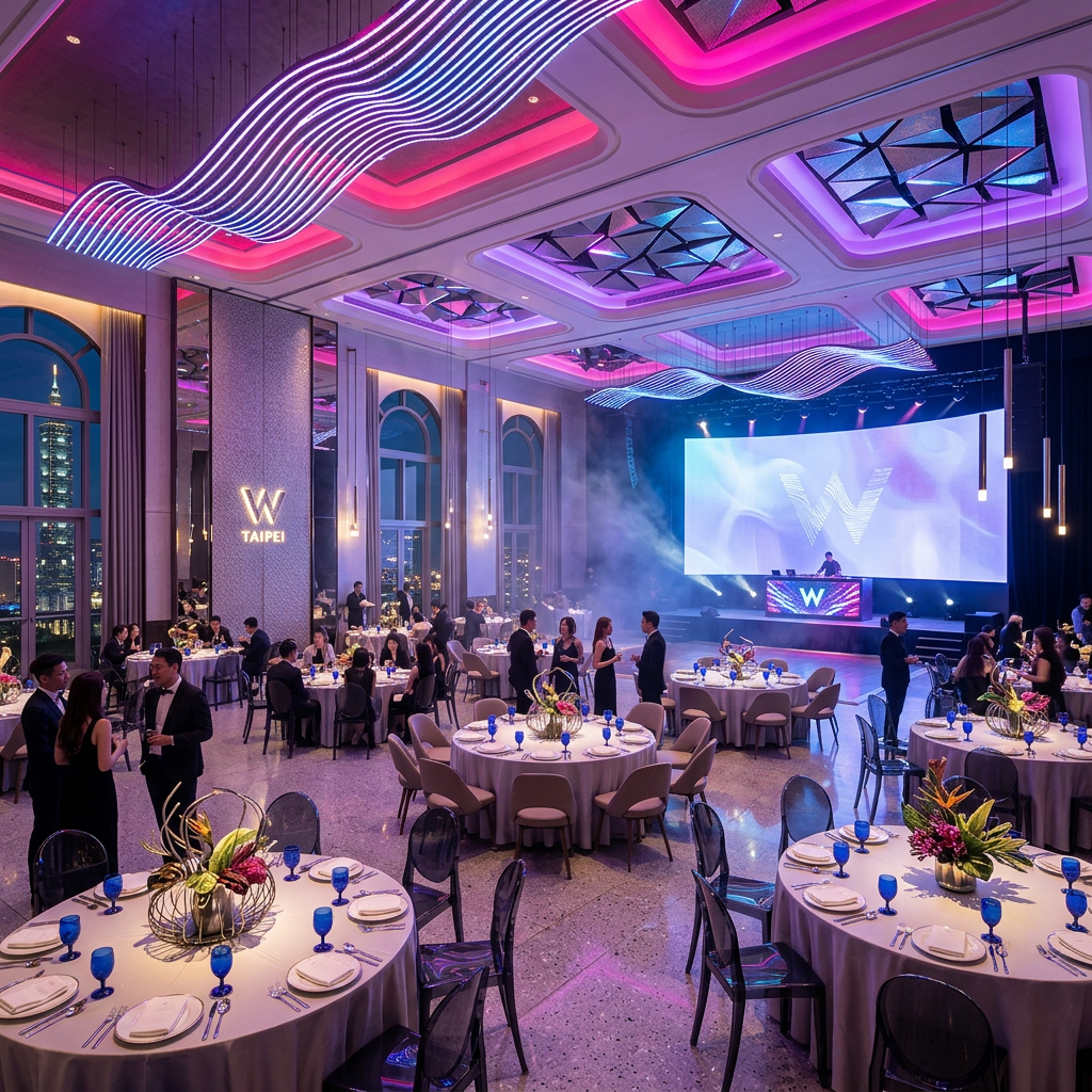 Elegant banquet hall with round tables, floral centerpieces, blue glassware, and colorful ceiling lights at W Taipei hotel