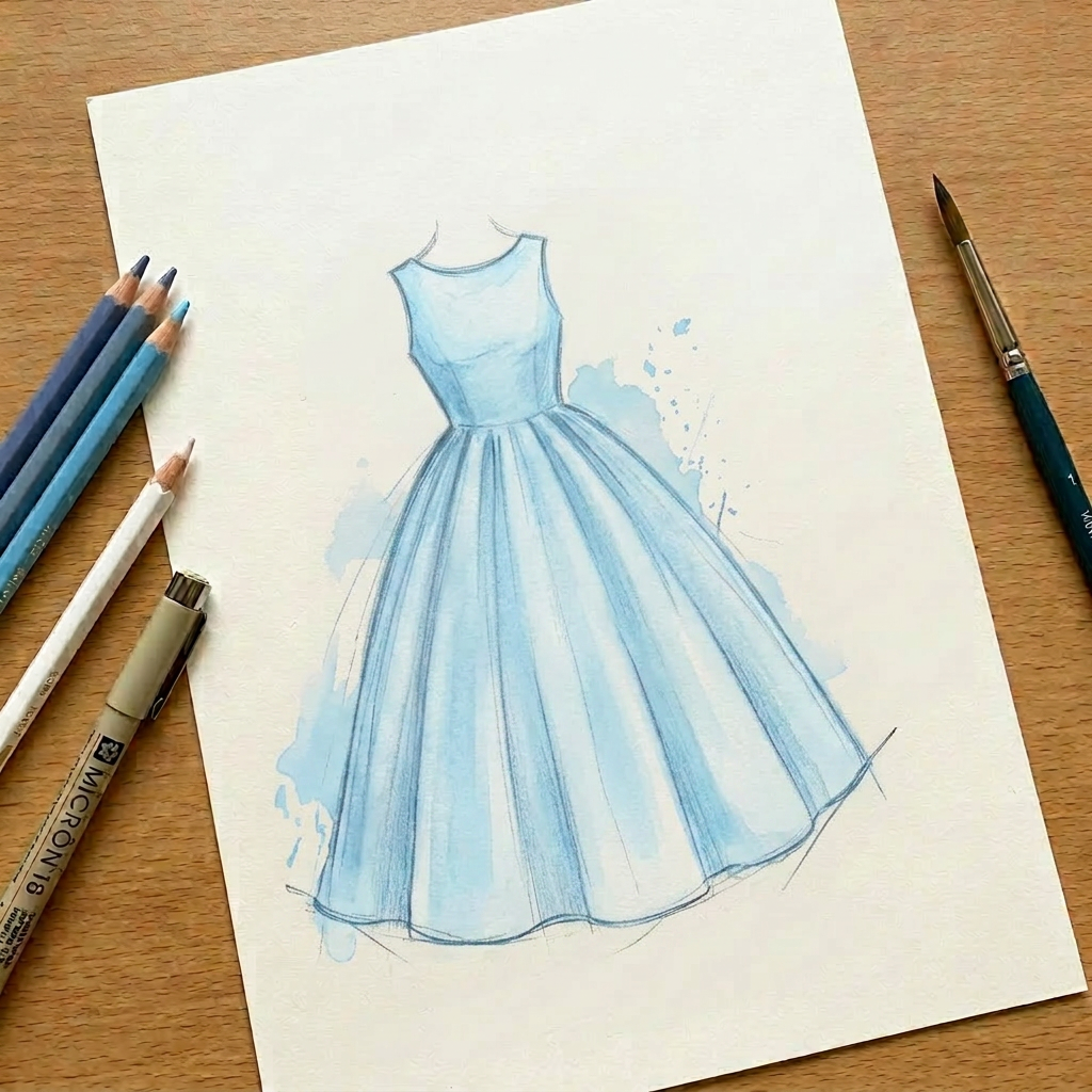 Illustration of a girl wearing a detailed light blue dress with annotations in Chinese describing design elements and color samples