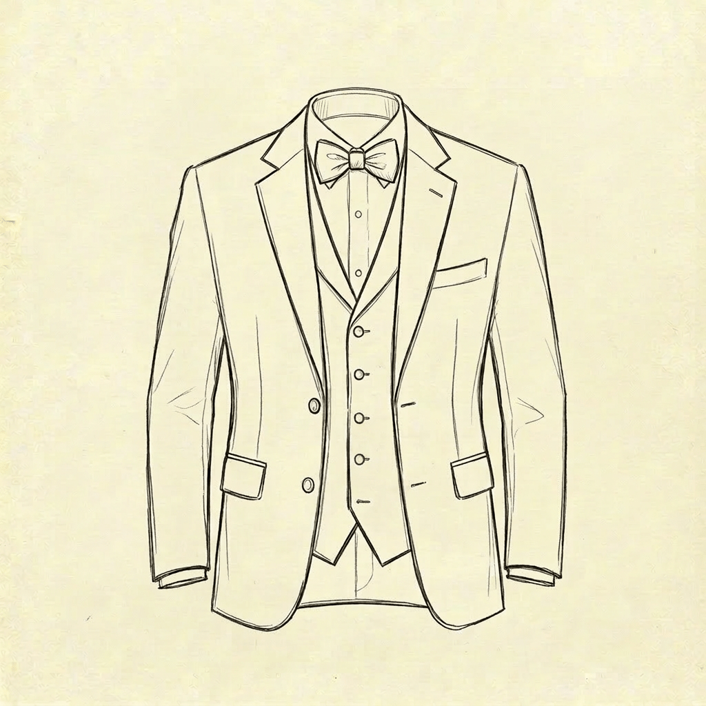 Illustration of a woman in an A-line wedding dress with lace and tulle, and a man in a three-piece wool suit with silk tie and pocket square.