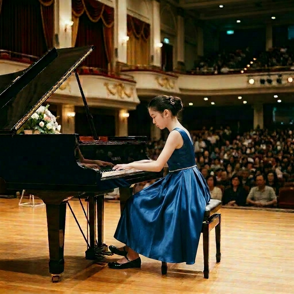 Young pianist performing on stage Young girl in lavender dress playing Yamaha grand piano on wooden stage