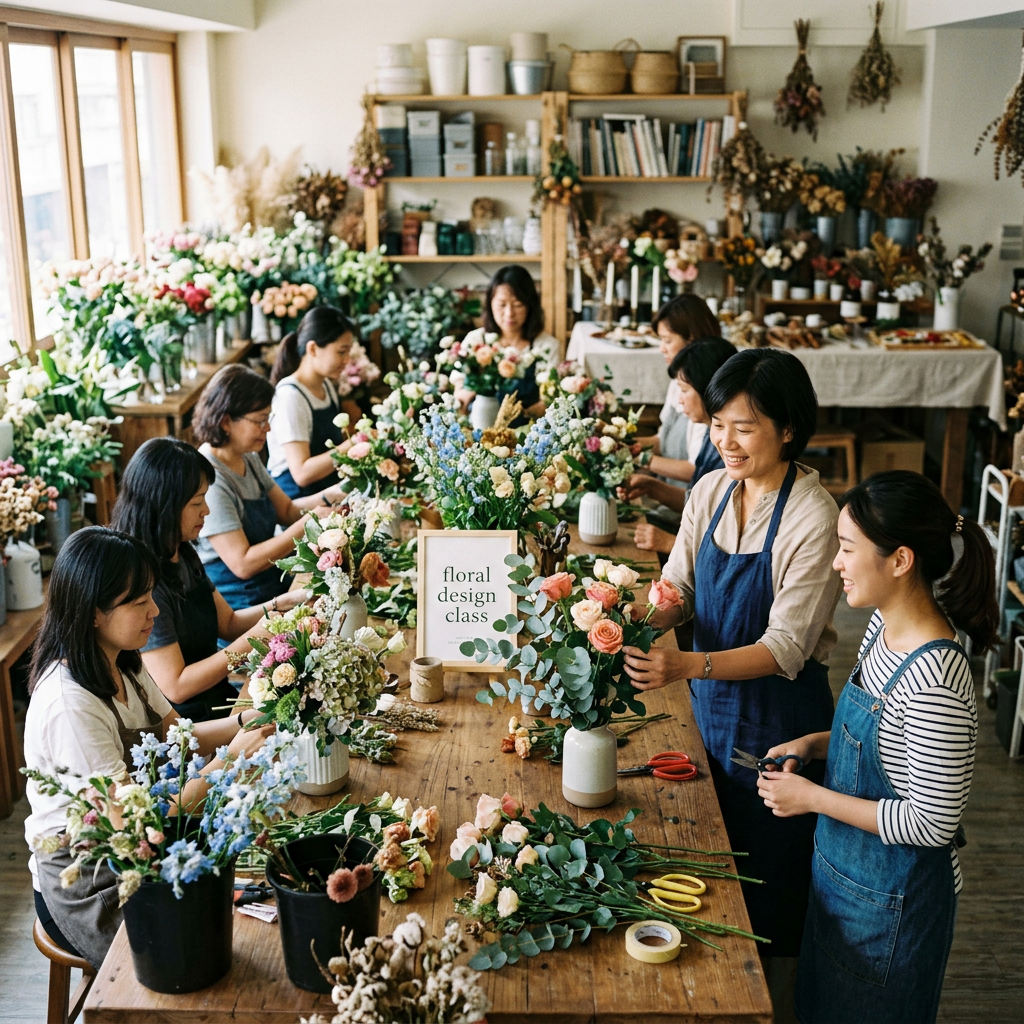 Group of people arranging flowers around a table in a floral design class
