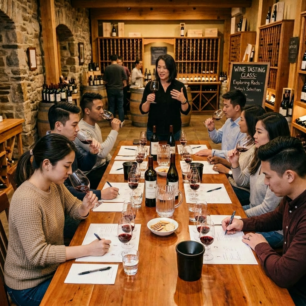 People sitting around a wooden table tasting red wine during a wine tasting class in a cellar with stone walls and wine racks