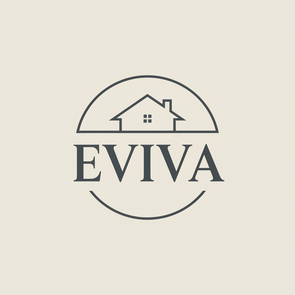 A circular emblem design on a solid light beige or ivory background (no gradient). Large bold serif letters "EVIVA" centered prominently in the design. Above the text, a clean minimalist house/home line illustration (roof and walls in simple strokes). The house and text fill most of the circle with minimal white space — the design is large and prominent. Elegant, sophisticated, suitable for a luxury property management brand. No border, no shadow, flat clean design.